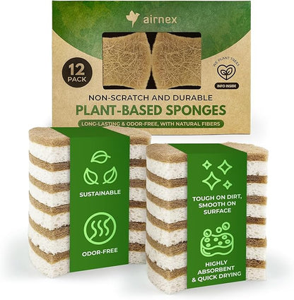 AIRNEX Natural Kitchen Sponges (12 Pack) - Biodegradable Cellulose & Coconut Scrubber Dish Sponge for Kitchen - Eco-Friendly, Non Scratch, Compostable, Non Toxic Natural Sponges for Dishes
