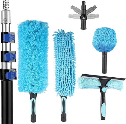 20 Foot High Reach Ceiling Duster Kit 3.6-12ft Extendable Pole with Cobweb Duster,Ceiling Fan Duster,Window Squeegee and Scrubber, Microfiber Feather for Easy Cleaning Indoor & Outdoor