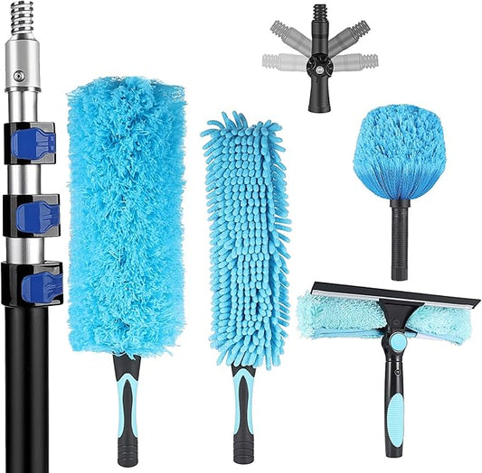 20 Foot High Reach Ceiling Duster Kit 3.6-12ft Extendable Pole with Cobweb Duster,Ceiling Fan Duster,Window Squeegee and Scrubber, Microfiber Feather for Easy Cleaning Indoor & Outdoor