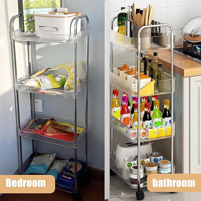 4 Tier Kitchen Bathroom Storage Rolling Cart 39 Inches Tall Slim Utility Rolling Shelf Cart with 4 Universal Wheels Coner Storage Shelves Cart (Acrylic)