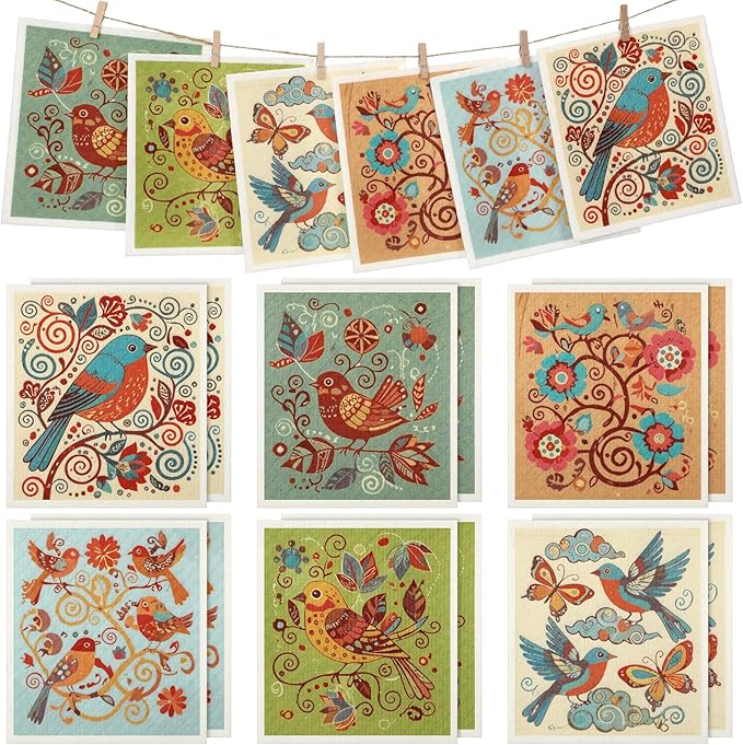 Tegeme 12 Pack Sweden Dishcloths 6 Patterns Super Absorbent Reusable Quick-Drying Washable Sponge Cloths for Kitchen Dishwashing Counters Household Cleaning Durable(Birds and Flowers)
