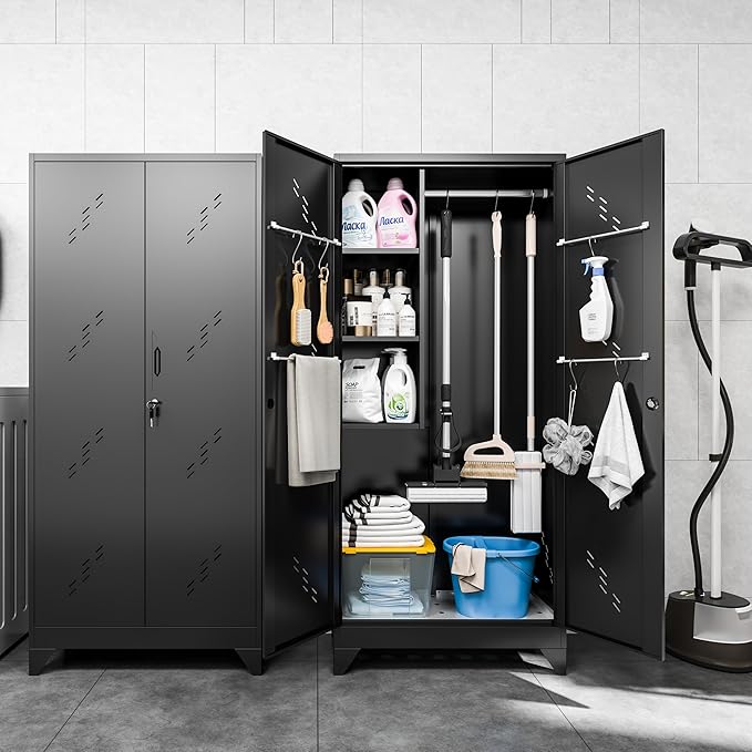 VASAAOSD Metal Garage Storage Cabinet, 75” Cleaning Tool Cabinet with Hooks and Hanging Rods, Heavy Duty Garden Tool Organizer, Broom Cabinets for Home, Garage, Laundry Room, Gym, Workshop