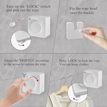 JOOM Retractable Clothesline Indoor Heavy Duty Clothes Drying Laundry Line Wall Mounted Easy Hanging Clothes Drying Laundry Line Retracting Hanging Lock to Prevent Sagging (Square,White)
