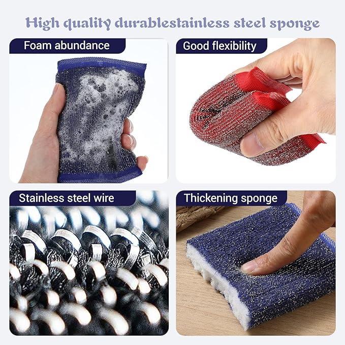 6 pcs Steel Wool Kitchen Sponges Steel Dish Scrub Sponge Reusable Non-Scratch Scrubbers Multipurpose Scouring Sponges Duty Dish Microfiber Wash Kitchen Sponge for Cleaning Tools Pots Pans Scrub