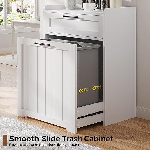 Jocoevol Pull Out Trash Can Cabinet, 2x13 Gallon Hidden Garbage Recycling Bin with Drawer, Freestanding Wooden Kitchen Trash can & Laundry Hamper Cabinet, Pet Proof Waste Bin for Living Room, White