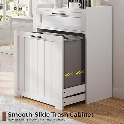 Jocoevol Pull Out Trash Can Cabinet, 2x13 Gallon Hidden Garbage Recycling Bin with Drawer, Freestanding Wooden Kitchen Trash can & Laundry Hamper Cabinet, Pet Proof Waste Bin for Living Room, White