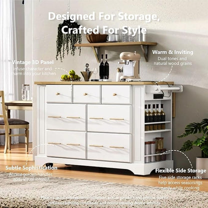51.2" Kitchen Island with 6 Drawers, Pull Out Trash Can Storage, Rolling Kitchen Island on 5 Wheels with Drop Leaf, Power Outlet, 5 Open Side Racks for Kitchen, Dining Room, White