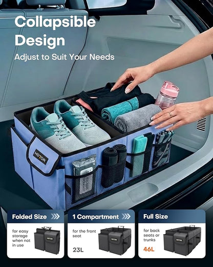 HOTOR Trunk Organizer for Car - Car Organizer, Foldable Trunk organizer for SUVs & Sedans, Sturdy Organization for Car Accessories, Tools, Sundries, Blue, 2 Compartments, 21.3"×12.6"×10.6" | Foldable, Sturdy Organization, for Car Accessories, Tools, Su...