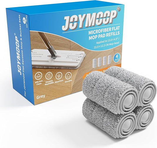 JOYMOOP Microfiber Flat Mop Pads, Washable Replacement Refills for Mop Bucket Set, 13 Inch, Pack of 4, Grey