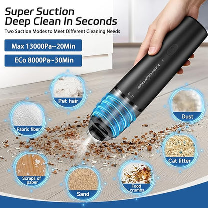 Handheld Vacuum Cordless, Car Portable Mini Vacuum Cleaner 13000 PA Suction Power with 2 HEPA Filter, 2 Suction Modes, Hand Held Vacuum Rechargeable for Car, Home, Pet Hair, Office, Keyboards Black
