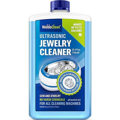WoldoClean Ultrasonic Jewelry Cleaner Solution - 25.4 Fl Oz Concentrate Makes 8 Gallons for Gold, Silver, Platinum, Diamond Ring, Watch, Chain, Earring and Necklace