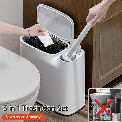 CTIME Bathroom Trash Can Set - Narrow White Plastic Small Trash can, a Toilet Wand, Toilet Brush Holder and 36 Refills, 2 Gallon Trash can with pop-up lid, Suitable for bathrooms and Small Toilets.