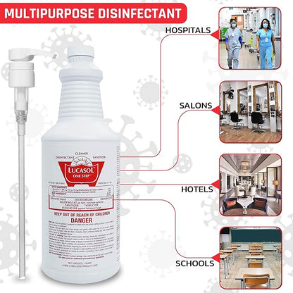 Lucasol One Step Disinfectant, 1 Quart (32 Ounce) Disinfectant & Attachable Dispenser Pump Combo, All Purpose Cleaner Disinfectant Spray For Hospitals, Schools, Salons, Household Cleaning And More.