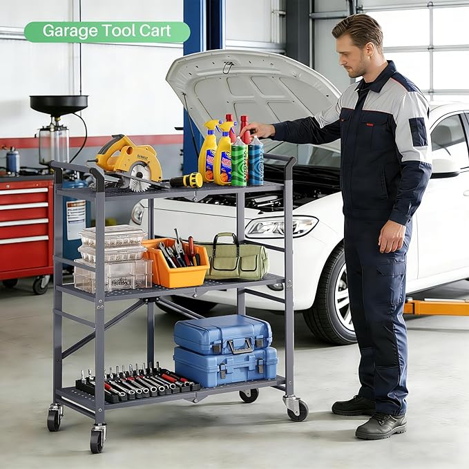 3 Tier Utility Carts - Folding Metal Rolling Cart with Wheels for Kitchen Office Garage Storage, Grey