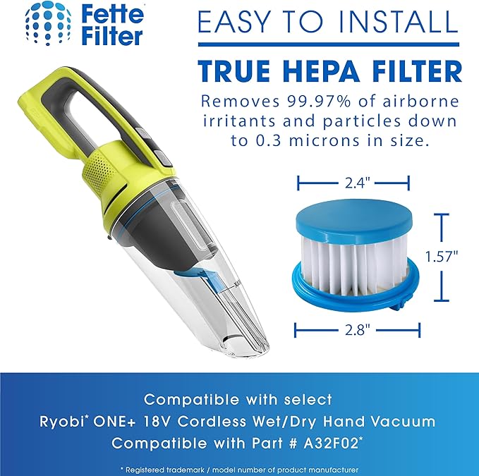 Fette Filter - 4 Pack A32F02 HEPA Filter Compatible with Ryobi ONE+ 18V Cordless Wet/Dry Hand Vacuum PCL702 PCL702B PCL702K. Compare to Part #A32F02.