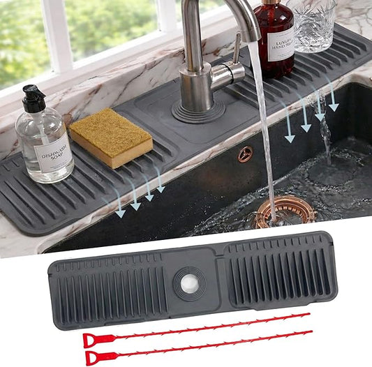 24 Inch Silicone Sink Splash Guard with Drain Cleaning Sticks (2 Pack) – Faucet Mat for Kitchen Sink, Food-Grade Silicone Drying Mat, Hair & Food Clog Remover for Kitchen & Bathroom