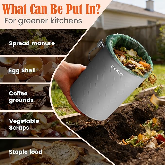 AOSION Countertop Compost Bin Kitchen,Odorless Indoor Compost Bin with Lid,Farmhouse Composter Container for Food Waste,Includes 2 Carbon Filters, Small Compost Bucket,Trash Bags (Modern, Grey)