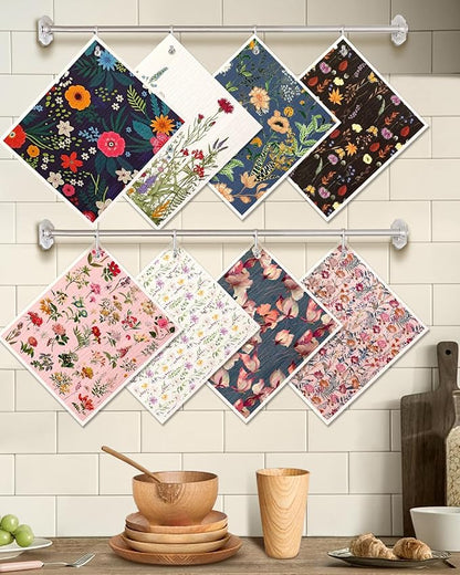 Miss Adola 8 Pack Reusable Kitchen Swedish Dishcloths for Washing Dishes - Absorbent Fast Drying Cleaning Sponge with Cute Flower Design - Washable Decor Cloths