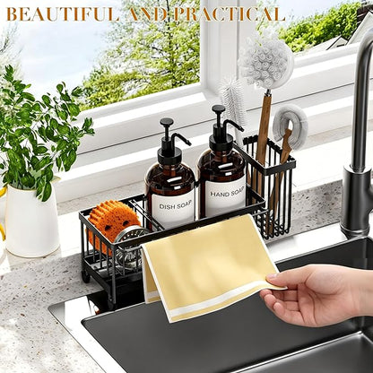 Kitchen Soap Dispenser Set with Sponge Holder and Towel Rack, 17OZ Glass Bottle, Hand and Dish Soap Dispenser Set, Non-Slip Silicone Pad, Brush Holder, Kitchen Sink Caddy Organizer Countertop (Amber)