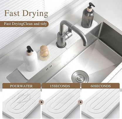 Faucet Mat for Kitchen Sink -Diatomite Stone Drying Mat for Kitchen Counter & Bathroom Sink,Quick-Dry Kitchen Sink Mat-Sink Protector & Splash Guard,Super Absorbent (White, 15.8"x4")