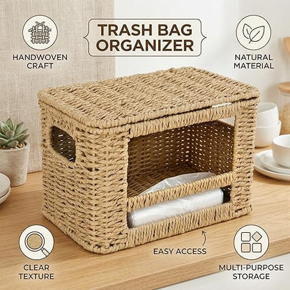Paper Rope Trash Bag Holder Dispenser – Rustic Kitchen Cabinet Organizer Box with Lid for Garbage Bags, Grocery Bags & Pantry Supplies, Multi-Purpose Storage for Home