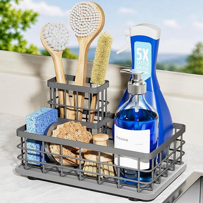 Extra Large Kitchen Sink Caddy Organizer, Stainless Steel Sponge Holder for Kitchen Sink with Brush Holder, Diatomite Stone Sink Tray for Soap Dispenser, Sponge, Kitchen Essentials and Gadgets, Grey