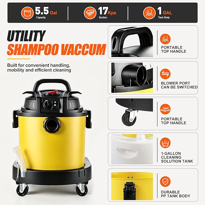 Shop Vacuum Wet and Dry Cleaner, 6 Gallon 5.5 Peak HP Wet Dry Vac, 17 KPA Max Power 4 in 1 Portable Shop Vacuum Wet and Dry with Filter,Soap Tank, Hose and Attachments for Home, Car, Garage, 175