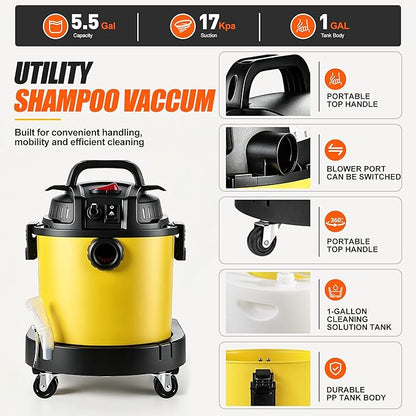 Shop Vacuum Wet and Dry Cleaner, 6 Gallon 5.5 Peak HP Wet Dry Vac, 17 KPA Max Power 4 in 1 Portable Shop Vacuum Wet and Dry with Filter,Soap Tank, Hose and Attachments for Home, Car, Garage, 175