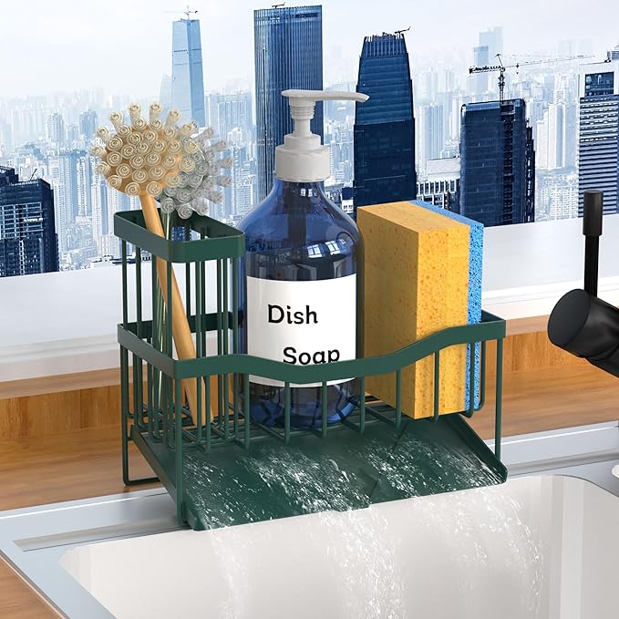 Fssvcd Maifan Sink Caddy Sponge Holder for Kitchen with Brush Holder and Stainless Steel Self Drain Tray, Rustproof Kitchen Sink Organizer for Sponge, Soap Dispenser Storage Accessories Dark Green