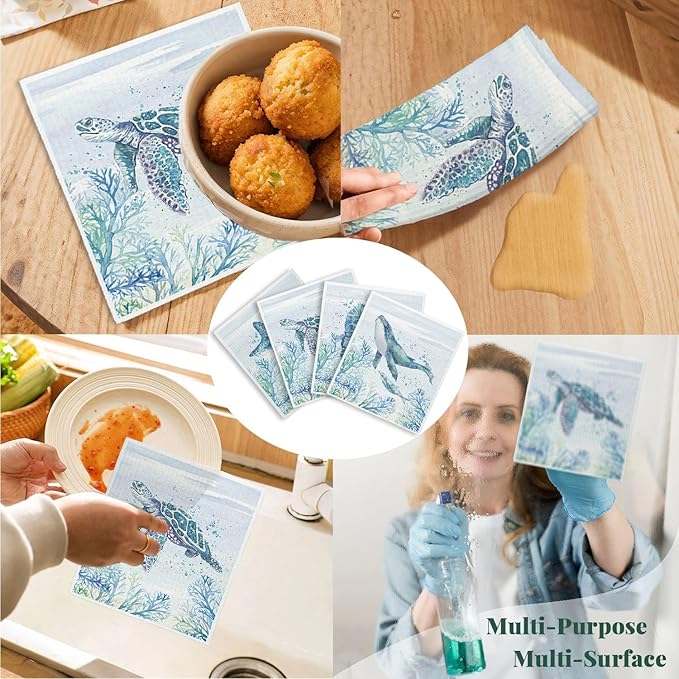 Ocean Beach Swedish Dishcloths for Kitchen, 4 Pack Ocean Summer Gifts Swedish Dish Cloths Towels for Kitchen Bathroom Office Housewarming Gifts, Papaya Reusable Paper Towels Washable