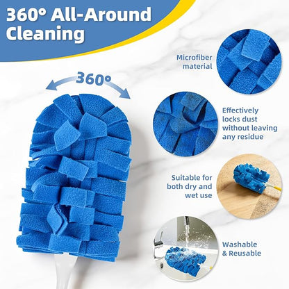 6 PCS Fleece Reusable Duster Refills for Swiffer, Washable 360 Dusters for Cleaning, Fans, Floors, Blinds, Windows (Include 1 Handle & Laundry Bag)