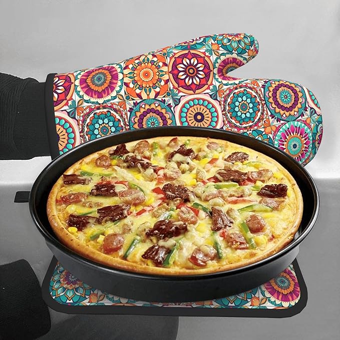 Boho Oven Mitts and Pot Holders - Mexican Flower Kitchen Mitt Sets of 2 Bohemian Oven Gloves Hot Pads for Cooking Baking Grilling