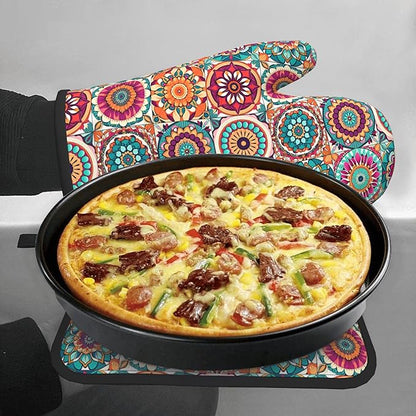 Boho Oven Mitts and Pot Holders - Mexican Flower Kitchen Mitt Sets of 2 Bohemian Oven Gloves Hot Pads for Cooking Baking Grilling