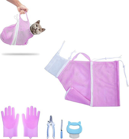 KlerRoem Cat Bathing Bag, Adjustable Anti-bite and Anti-Scratch Cat Shower Mesh Grooming Bag for Pet Dogs and Cats, Includes Pet Nail Clipper, Nail File, Grooming Glove, and Cat Shell Comb