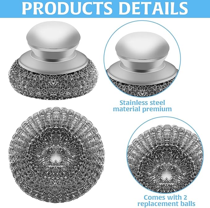 Cofun Stainless Steel Saucepan Scourers with 2 Replacement Pads - Clean Metal Pans, Pots, Grills & More