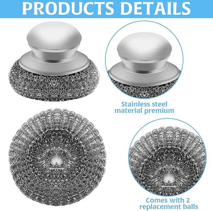 Cofun Stainless Steel Saucepan Scourers with 2 Replacement Pads - Clean Metal Pans, Pots, Grills & More