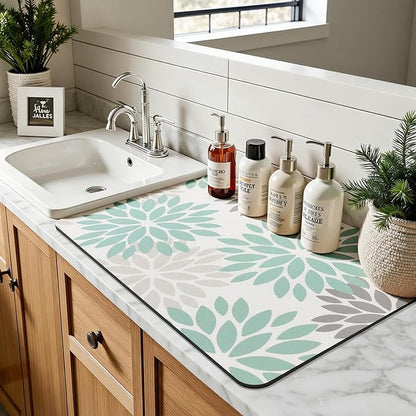 Findosom Floral Dish Drying Mat, 16" x 24" Super Absorbent & Hide Stain Coffee Mat, Cuttable Drying Mat for Kitchen Counter, Under Dish Rack, Coffee Maker, Espresso Machine, Teal