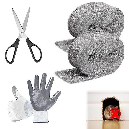 Steel Wool for Mice Control, 3.2" x12 ft Wool, Gap Filler for Home & Garage, DIY Bundle with Gloves & Scissors - 2 Pack