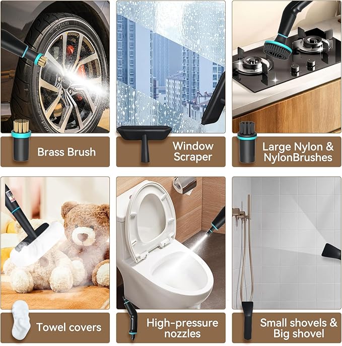 Handheld Steam Cleaner with 1.32 Quarts Tank & 15s fast Heat-Up, 13 Attachments.Portable High Pressuer Hand Held Stemer for home,Kitchen, Bathroom, Windows and Floors.Steamer for Cleaning