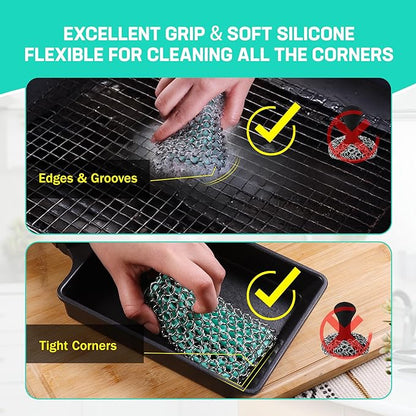 HAUSHOF Cast Iron Scrubber, Chainmail Scrubber with Silicone Core, Premium Cast Iron Cleaner for Skillet, Pan, Dutch Oven