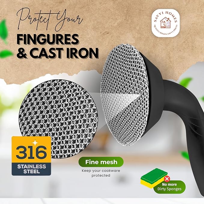 Savvi Home's Cast Iron Scrubber with Pan Scraper, 316L Chainmail Scrubber, Long Handle Cast Iron Cleaner for Dishes, Pans, Grills, Upgraded Chain Mail Scrubber for Grill Pan Skillet Wok Carbon Steel