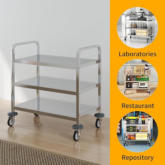 uyoyous 3 Tier Stainless Steel Utility Cart, 360° Rotation Wheels & 400 lbs Capacity, Commercial Serving Cart Heavy Duty Rolling Cart for Kitchen Hotel Restaurant Home, 30" L x 16" W x 33" H