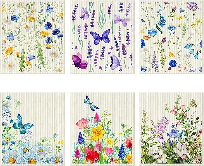 Cunhill 6 Pcs Swedish Dishcloth for Kitchen Spring Floral Swedish Dish Towels Colorful Wildflowers Dishcloth Watercolor Reusable Paper Towels Wildflowers Sponge Cloth for Party Home Cleaning Decor