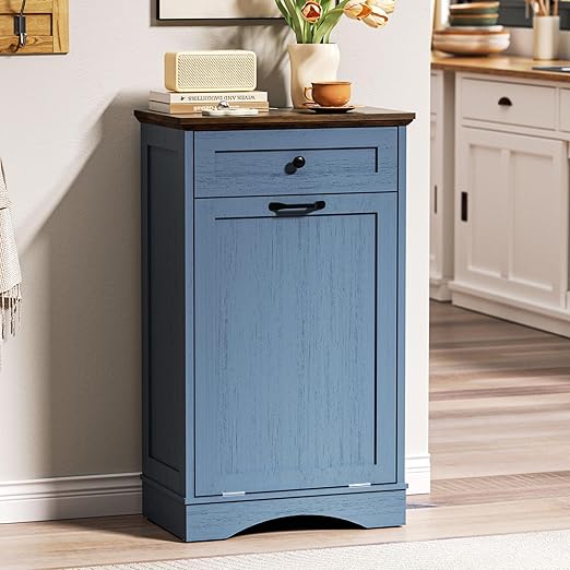 AHB 13 Gallons Tilt Out Trash Cabinet Hidden Trash Can Cabinet Freestanding Garbage Recycling Cabinet with Hideaway Drawer Pet Proof Trash Bin for Kitchen Living Room, Blue