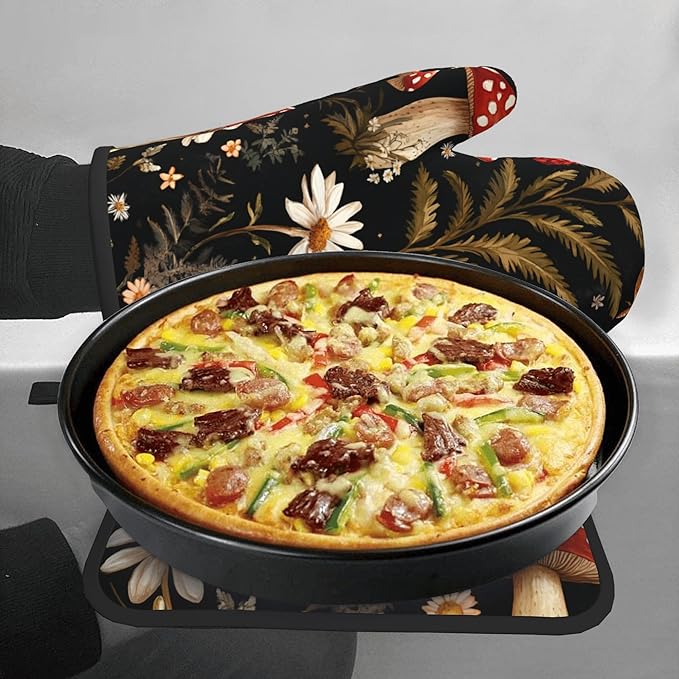 Mushroom Oven Mitt Pot Holder Set Vintage Floral BBQ Cooking Gloves with Loop Baking Grilling Kitchen Gifts for Spring Summer