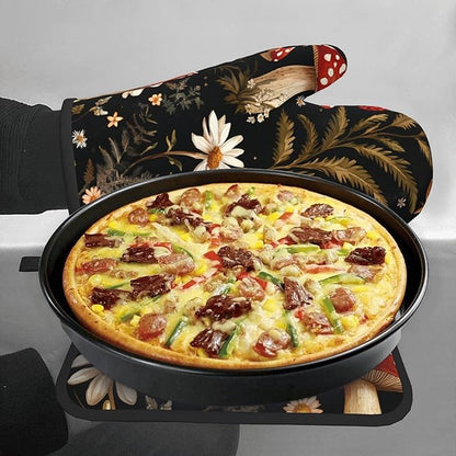 Mushroom Oven Mitt Pot Holder Set Vintage Floral BBQ Cooking Gloves with Loop Baking Grilling Kitchen Gifts for Spring Summer