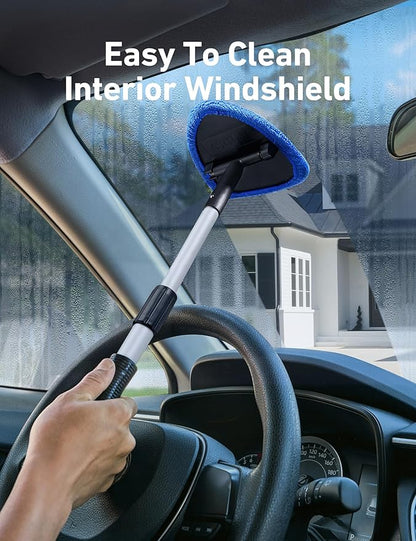AstroAI 21" Windshield Cleaner Tool, Car Interior Detailing Cleaning Kit with Extendable Handle and 4 Upgraded High-Density Reusable Microfiber Pads, Auto Glass Wiper Brush Kit for Cars, Blue, 2 Pack