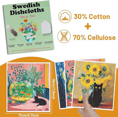 Oil Painting Swedish Dishcloths for Kitchen, 6 Pack Black Cat Wall Art Reusable Paper Towels Washable, Absorbent Dish Rags for Washing Dishes Housewarming Gifts