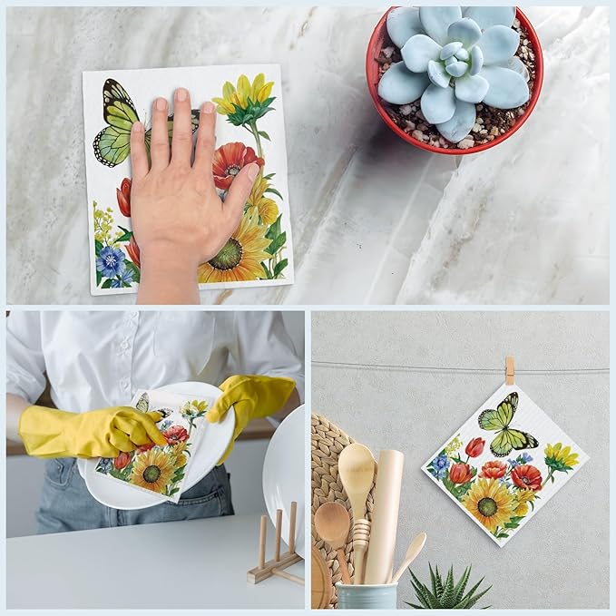Swedish Dishcloths for Kitchen, Butterfly Floral Summer Dish Rags Kitchen Dish Towels for Washing Dishes, 4 Pack Reusable Paper Towels, Sponge Cloths for Home Cleaning Baking Cooking