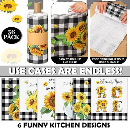 Mindsoft 36 Pcs Spring Sunflower Reusable Paper Towels Rolls Sunshine Washable Bulk Spring Kitchen Towels Paperless Reusable Cloth Cotton Napkins with Cardboard for Kitchen Bathroom Home Decor